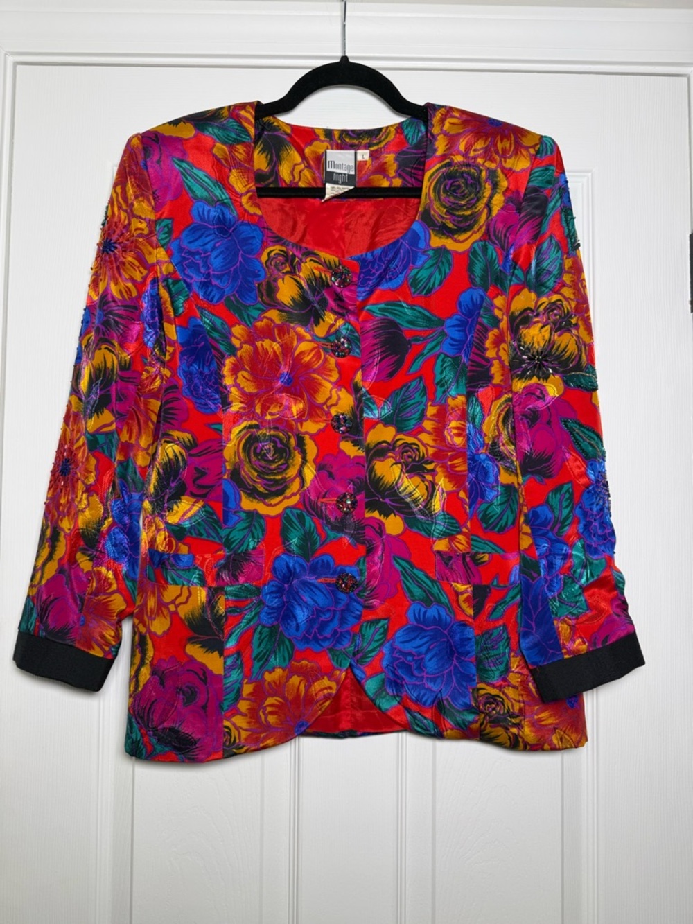 Vintage Floral Blazer Beaded Jacket Womens Large Colorful Statement Retro
